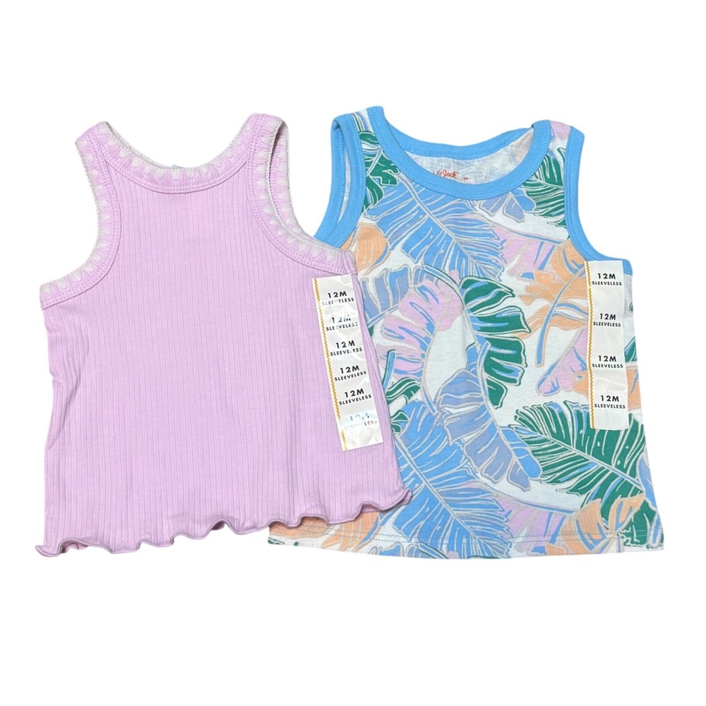 Cat & Jack Girls 12M Tank Top Set‎ Purple Ribbed Tropical Palm 2pc Bundle New
